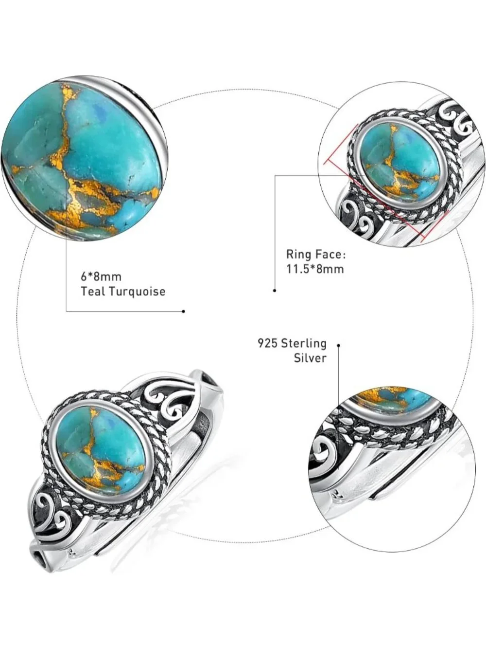 Women's Teal Turquoise 925 Sterling Silver Oval Adjustable Natural Stone Ring